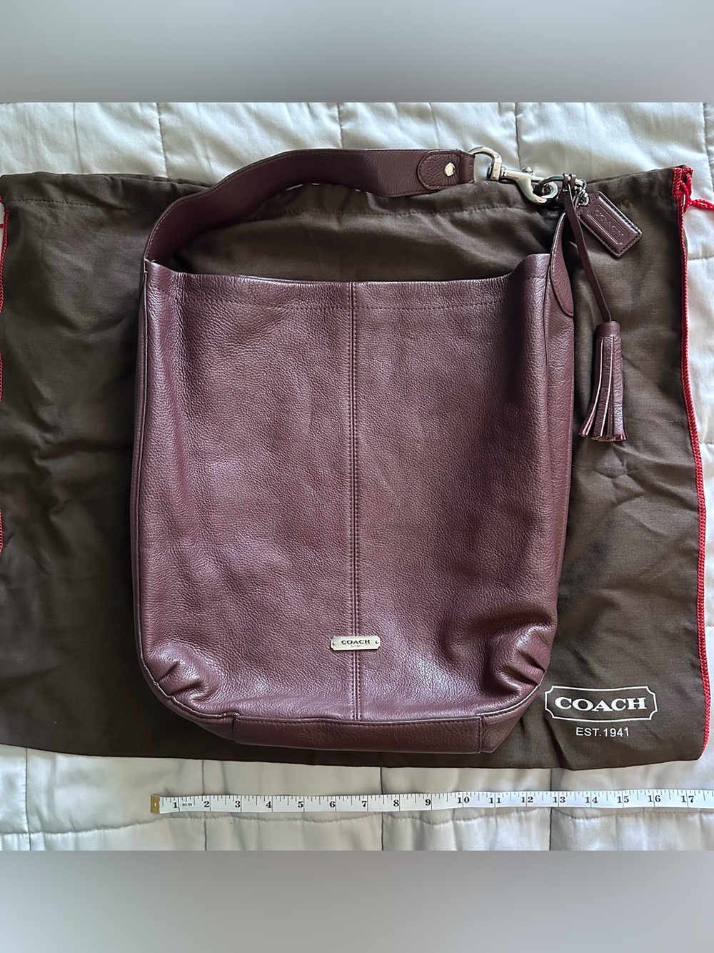 Coach Burgundy Pebbled Leather Shoulder Bag with Tassel